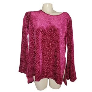Cato Magenta Pink Velvet Damask Embossed Tunic Top Long Sleeve Keyhole‎ Back M